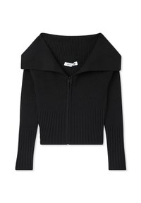 Cardigan in maglia nera a costine con ampio colletto ripiegato e chiusura con zip. Presenta maniche lunghe e un design corto.