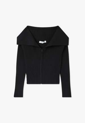Cardigan in maglia nera a costine con ampio colletto ripiegato e chiusura con zip. Presenta maniche lunghe e un design corto.
