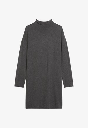Rochie tricotată lungă, cu mânecă lungă, de culoare gri închis, cu un guler înalt, realizată dintr-un material moale. Prezintă o croială lejeră și un design minim.