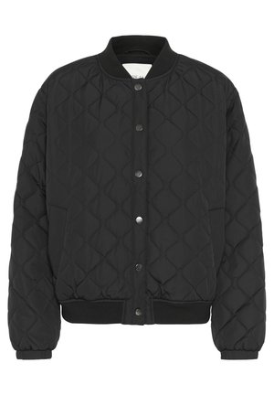 Black quilted bomber jacket with a round neckline, snap button closure, ribbed cuffs, and hem. Features diamond-patterned stitching.