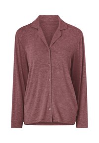 Langarmige, knoopsluiting slaapshirts in bordeauxrood, gemaakt van zachte stof. Kenmerkt een afgeknipte kraag en één borstzak.