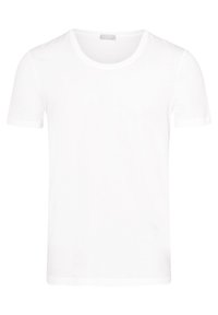 White cotton t-shirt with a classic crew neck, short sleeves, and a smooth texture. A simple design with no patterns or accents.