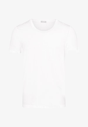 Biała bawełniana koszulka z klasycznym okrągłym dekoltem, krótkimi rękawami i gładką fakturą. Prosty design bez wzorów czy akcentów.