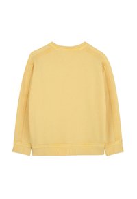 Sudadera de algodón amarilla con cuello redondo, mangas largas y superficie texturizada. Presenta costuras en contraste a lo largo de los hombros y los laterales.