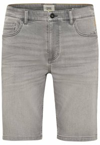 Graue Denim-Shorts mit klassischer Passform, ausgestattet mit vier Taschen, einem Knopfverschluss und subtilen Ausbleichungen für eine strukturierte Optik.