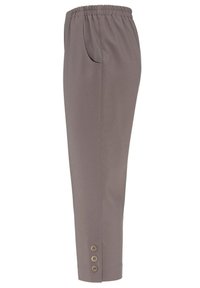 Graue, elastische Hose mit einem elastischen Bund, seitlichen Taschen und dekorativen Knöpfen am Saum. Glatte Textur und schmal geschnittenes Design.