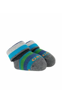 Calzini di cotone grigi con risvolto, caratterizzati da strisce orizzontali blu e verdi e testo arancione. Texture morbida, punta arrotondata e design casual.