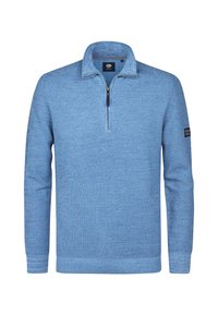 Blauwe kwart-zip pullover trui van gestructureerde stof, met ribgebreide manchetten en boord, voorzien van een klein logo op de linker mouw.