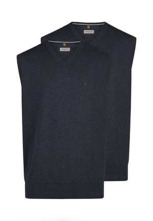 Zwei dunkelgraue V-Ausschnitt ärmellose Pullover mit gerippten Säumen, übereinander gestapelt, wobei einer leicht hinter dem anderen liegt.