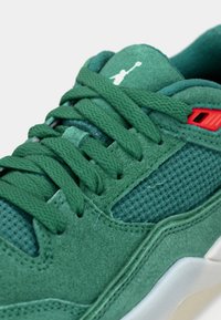 Zelené semišové tenisky s panelmi z sieťoviny a červenými akcentmi. Majú ploché šnúrky a textúrovaný povrch. Na jazyku je logo.