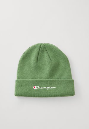 Grüne gestrickte Mütze mit umklappbarem Bündchen und gesticktem "Champion"-Logo. Weicher Stoff mit enganliegendem Design.