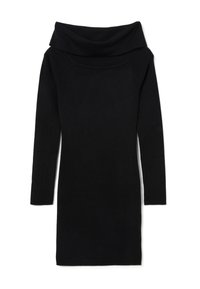 Schwarzes Strickkleid mit einem Schalkragen, langen Ärmeln und einer taillierten Silhouette. Weicher Stoff, glatte Oberfläche und knieumspielende Länge.