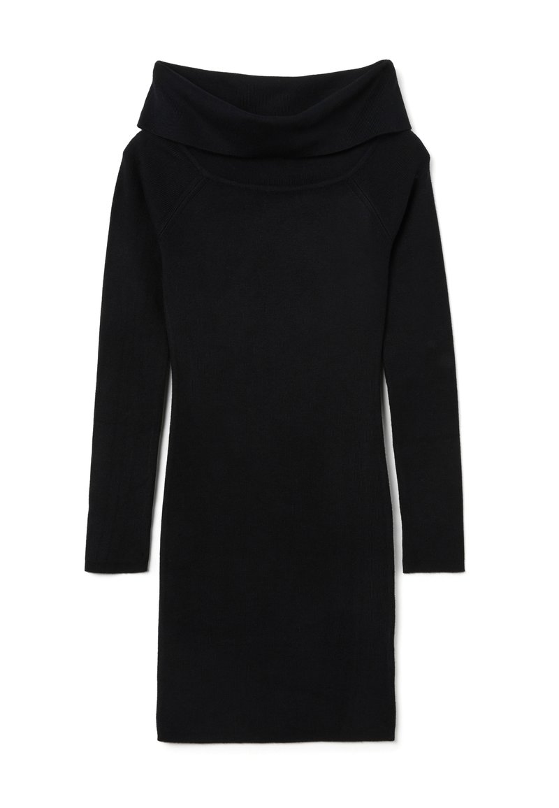 Schwarzes Strickkleid mit einem Schalkragen, langen Ärmeln und einer taillierten Silhouette. Weicher Stoff, glatte Oberfläche und knieumspielende Länge.
