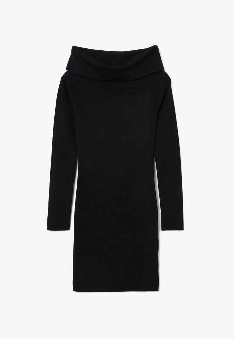 Schwarzes Strickkleid mit einem Schalkragen, langen Ärmeln und einer taillierten Silhouette. Weicher Stoff, glatte Oberfläche und knieumspielende Länge.