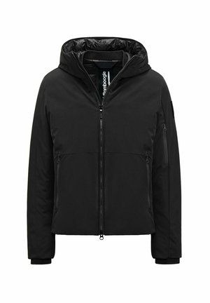Zwarte geïsoleerde jas met capuchon, uitgerust met een rits aan de voorkant, twee ritszakken en elastische manchetten. Glad, matte buitenkant.