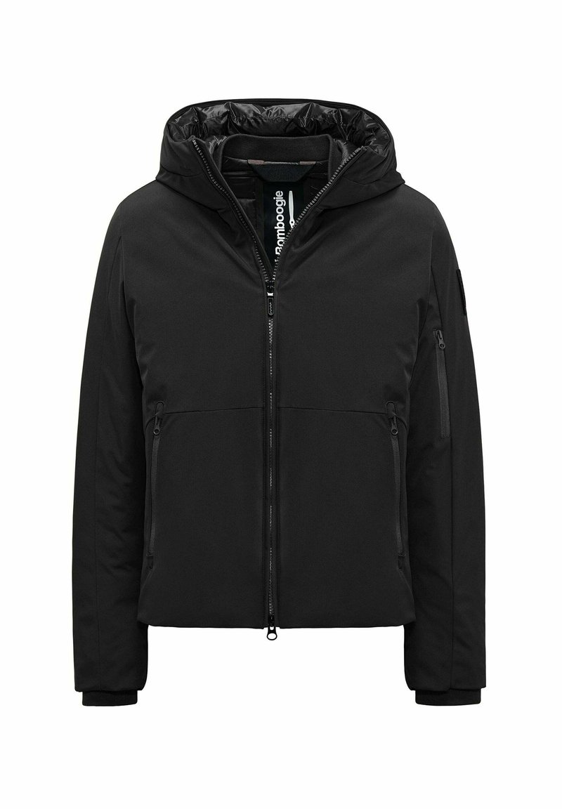 Giacca nera isolante con cappuccio, dotata di una zip frontale, due tasche con zip e polsini elastici. Texture esterna liscia e opaca.