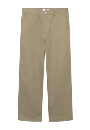 Beige bukser med lige ben, knaplukning, bæltestropper og sidelommer, vist på en hvid baggrund.