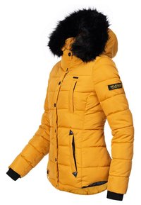 Yellow puffer jacket with a detachable black faux fur hood, horizontal quilted pattern, front snap and zipper closures, and black accents.