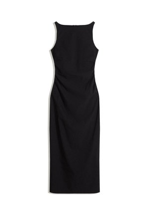 Vestito midi nero senza maniche con una texture liscia, silhouette aderente e un sottile dettaglio arricciato sul retro, dotato di chiusura con zip.