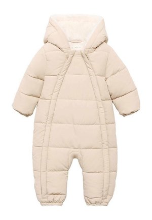 Combinaison de neige beige matelassée pour bébé avec capuche, manches longues et poignets élastiques, conçue pour la chaleur et une couverture complète du corps.