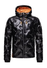 Giubbotto a vento nero con finitura lucida, caratterizzato da una fodera a motivo arancione, chiusura con zip e polsini elasticizzati per una vestibilità aderente.