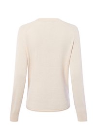 Helle beige Sweater aus weichem Stoff, mit langen Ärmeln, rundem Ausschnitt und glatter Textur ohne zusätzliche Muster oder Akzente.