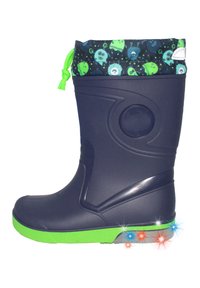 Marine rubberen regenlaars met een gestructureerde groene zool, een geblokt stoffen boord met kleurrijke aliens ontwerpen en een groene trekkoord om strakker te trekken.