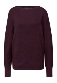 Maglione viola lavorato a maglia con scollo rotondo, maniche lunghe, polsini a coste e vestibilità morbida. La trama del tessuto appare morbida e uniforme.