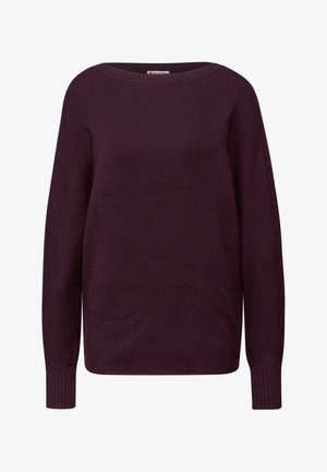 Fioletowy sweter z dzianiny z okrągłym dekoltem, długimi rękawami, ściągaczami na mankietach i luźnym krojem. Tekstura tkaniny wydaje się miękka i równomierna.