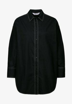 Schwarzes Hemd mit Knöpfen, klassischem Kragen, langen Ärmeln, weißen Nähakzenten und leicht abgerundetem Saum. Baumwollstoff, lockere Passform.