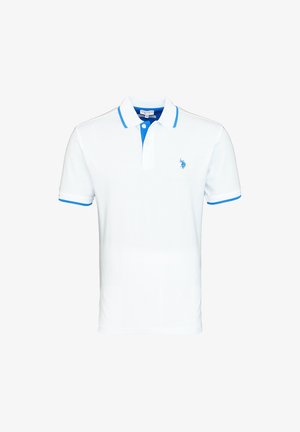 Witte polo met korte mouwen, blauwe afwerking aan kraag en mouwen, blauwe knoopsluiting en een klein blauw geborduurd logo op de borst.