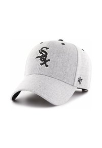 Jasnoszara czapka bejsbolowa z czarnym haftowanym logo "SOX" z przodu i małym czarnym logo "47" z boku, zakrzywiony daszek.