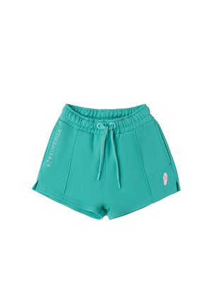 Pantaloni shorts turchesi realizzati in tessuto morbido, dotati di cintura elastica, cordoncino e spacchi laterali. Include un logo di colore rosa.