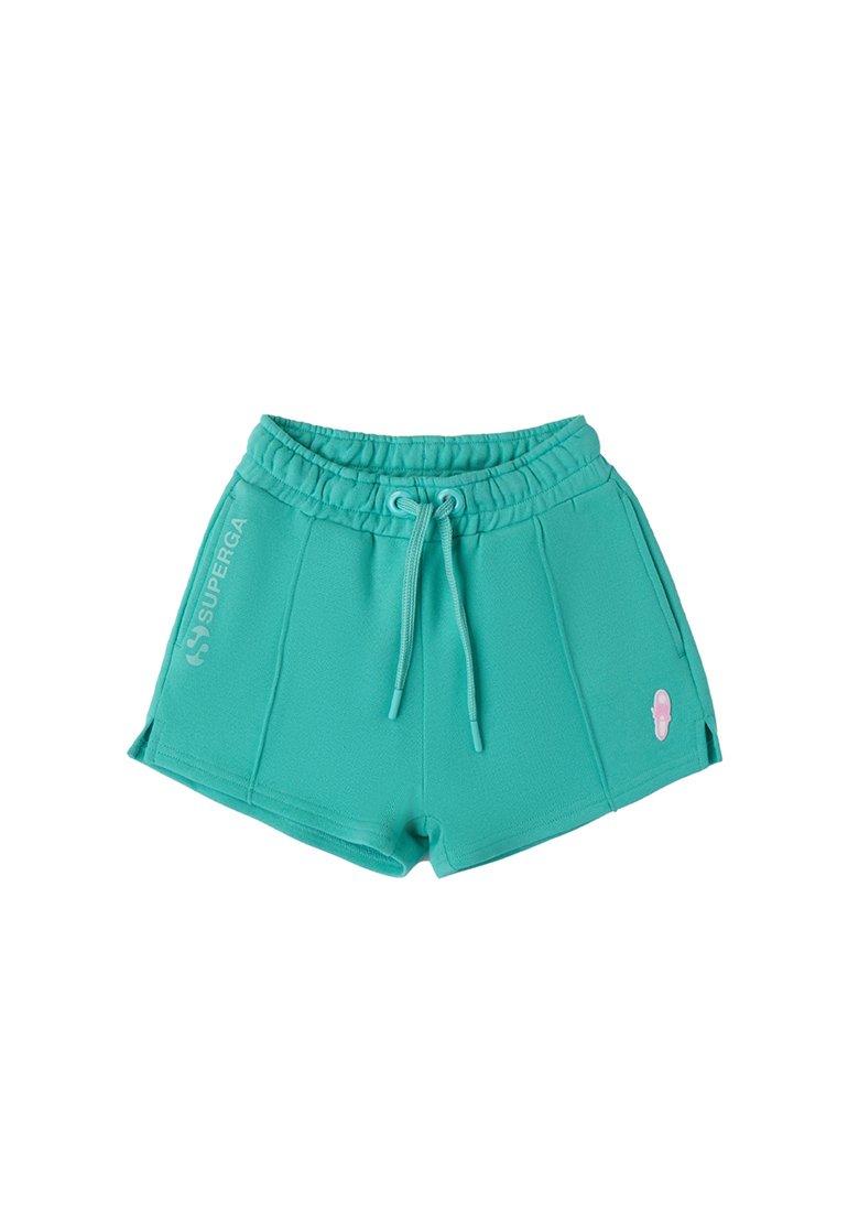Pantaloni shorts turchesi realizzati in tessuto morbido, dotati di cintura elastica, cordoncino e spacchi laterali. Include un logo di colore rosa.