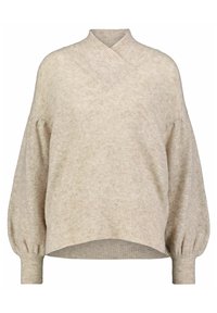 Valkoisena hihattomana neuleena, jossa on ristikkäinen kaulus, ribbaussuissa, ja ylisuurissa, pyöreissä hihoissa. Pehmeä, teksturoitu kangas.