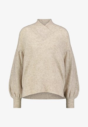 Maglione di colore crema con scollatura a incrocio, polsini a coste e maniche oversized e arrotondate. Tessuto morbido e testurizzato.