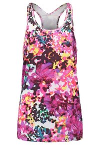 Débardeur dos nageur coloré pour femme avec des motifs abstraits floraux et éclaboussures en rose, violet, jaune et noir.