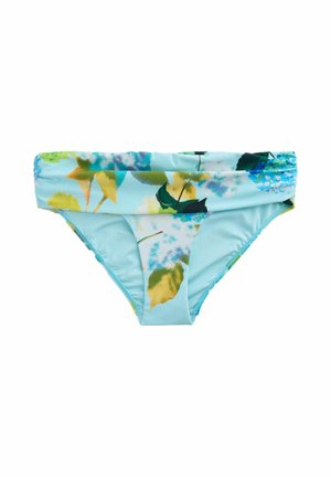 Lyseblå bikiniunderdel med et farverigt blomsterprint og en foldet linning, vist på en hvid baggrund.