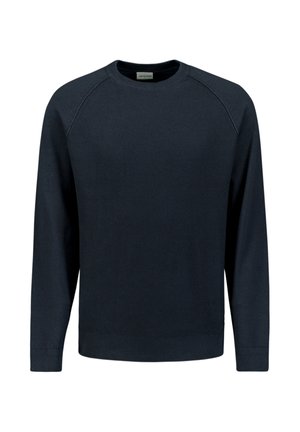 Donkerblauwe gebreide trui met lange mouwen, ronde hals en ribbelstructuur. Heeft raglanmouwen en een ribbelboord. Geen zichtbare logo's.