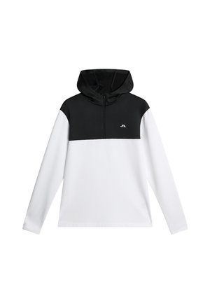 Felpa con cappuccio in bianco e nero, con zip frontale, maniche lunghe e logo sul petto. Tessuto liscio con un taglio moderno.