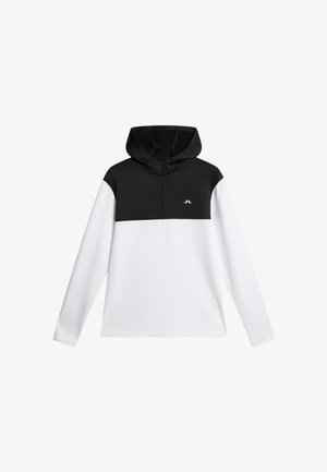 Huvtröja i svart och vitt med dragkedja framtill, långärmad och med en logotyp på bröstet. Slätt tyg med en modern skärning.