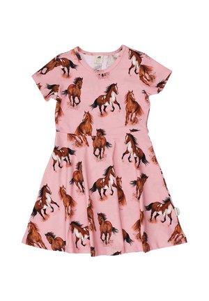 Pink short-sleeve dress with flared skirt, featuring a pattern of various brown and white running horses.