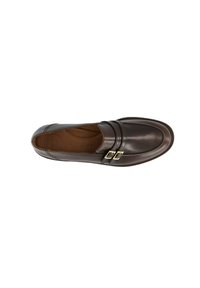 Braune Lederloafer mit doppeltem Riemen und goldenen Schnallen. Abgerundete Zehen und glatte Textur. Weiche Innenausstattung für Komfort.