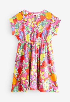 Kleid mit Floralprint aus pinkem Stoff, kurze Ärmel, elastischer Bund, verziert mit verschiedenen Früchten und Blumen in leuchtenden Farben. Detail mit Schlüsselloch am Rücken.
