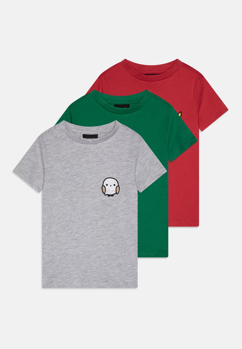 Friboo UNISEX 3 PACK - Print T-shirt - mottled light grey/dark green/dark red