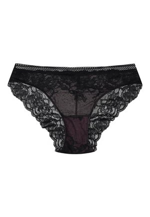 Black lace panties featuring a floral pattern, sheer mesh inserts, scalloped edges, and a contrasting dark purple panel at the center.