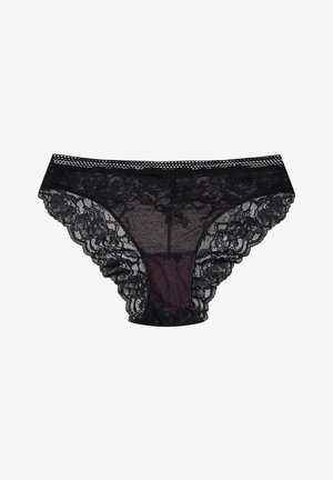 Black lace panties featuring a floral pattern, sheer mesh inserts, scalloped edges, and a contrasting dark purple panel at the center.