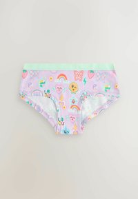Boxer in cotone viola con cintura verde menta, caratterizzati da motivi cartoon colorati tra cui arcobaleni, cuori e stelle.