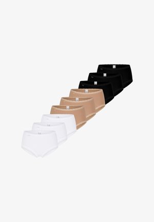 Trois paires de culottes hipster pour femmes exposées : blanche, nude et noire. Chacune comporte une bordure en dentelle à la taille et une texture lisse.