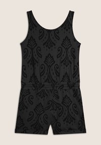 Romper nero con motivo damascato, design senza maniche e vita aderente. Tessuto liscio con pantaloncini arrotolati e scollatura rotonda.